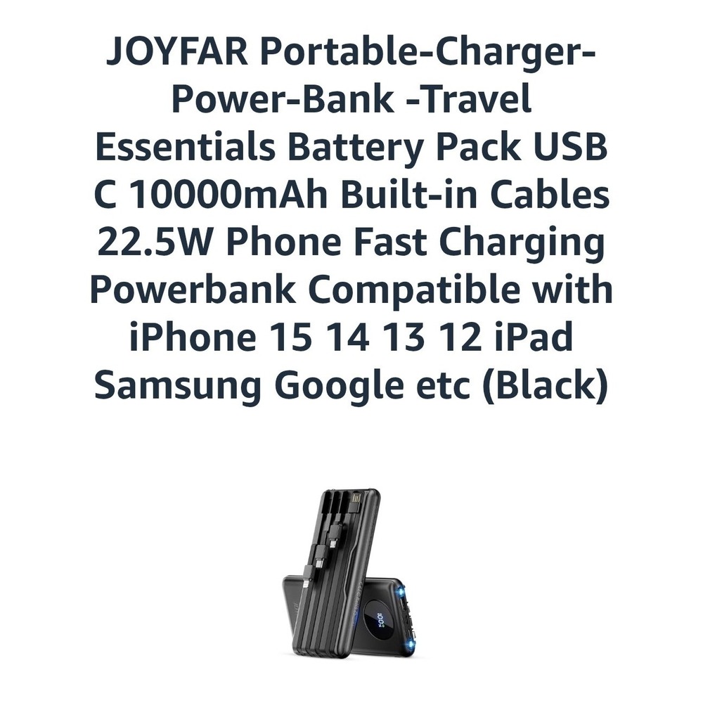 JOYFAR 10000mAh Portable Power Bank Black USB C Fast Charge‎ Built in Cables